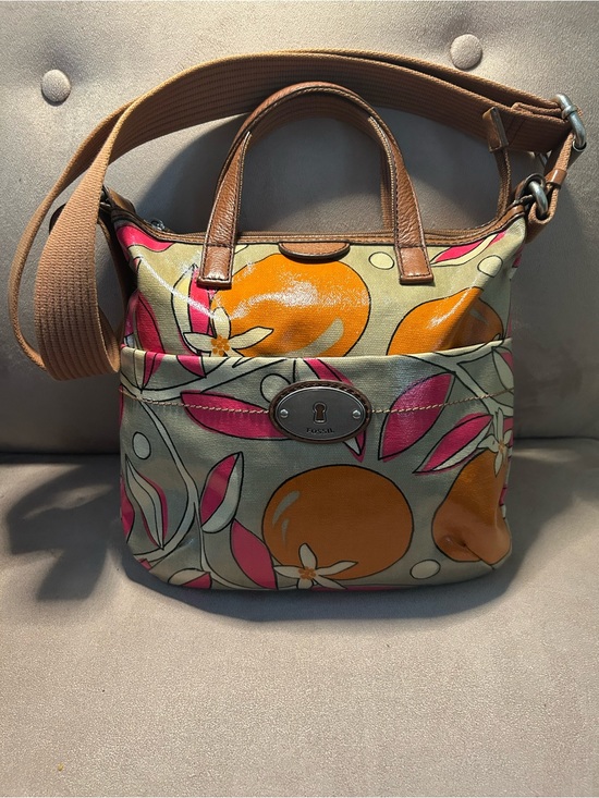 Fossil Handbags - Fossil Key-Per Floral Orange & Pink Coated Canvas Shoulder Bag with Tan Straps